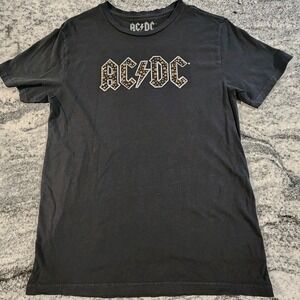 LUCKY BRAND ACDC SHIRT WOMENS MEDIUM BLACK GOLD STUDS MUSIC‎ ROCK CREWNECK